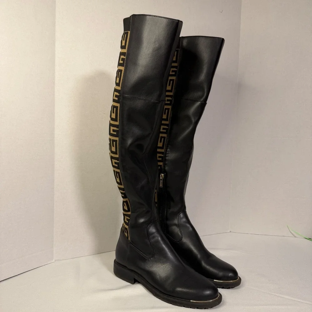 Guess Over The Knee Boots Womens Black‎ Tan Monogram Knit Pull on/Zip